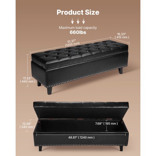 ButtonTufted Storage Ottoman Bench PU Leather Bench with Storage and Solid