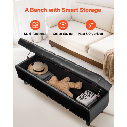 ButtonTufted Storage Ottoman Bench PU Leather Bench with Storage and Solid