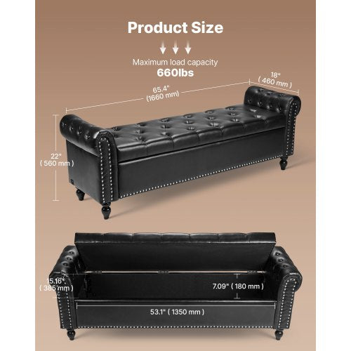 ButtonTufted Storage Ottoman Bench Rolled Arm PU Leather Bench with Solid 1