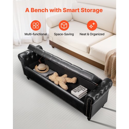 ButtonTufted Storage Ottoman Bench Rolled Arm PU Leather Bench with Solid 1