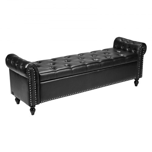 ButtonTufted Storage Ottoman Bench Rolled Arm PU Leather Bench with Solid 1