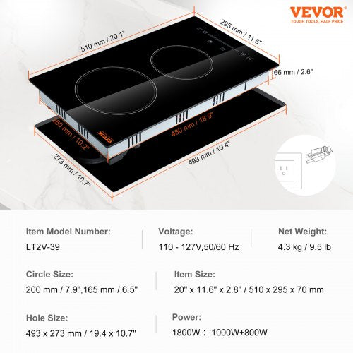 Built in Electric Stove Top 20 x 11.6 inch 2 Burners 240V Glass Radiant