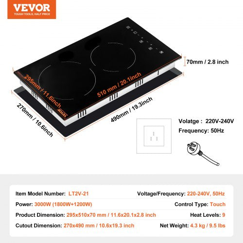 Built in Electric Stove Top 20 x 11.6 inch 2 Burners 240V Glass Radiant