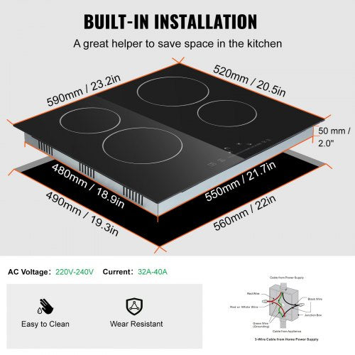 Built in Electric Stove Top 20 x 11.6 inch 2 Burners 240V Glass Radiant