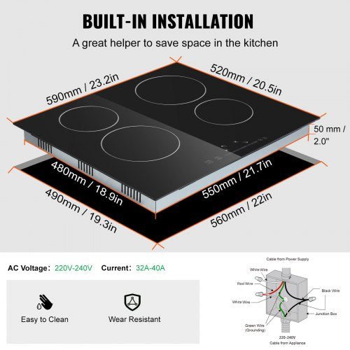 Built in Electric Stove Top 232 x 20.5 inch 4 Burners 240V Glass Radiant