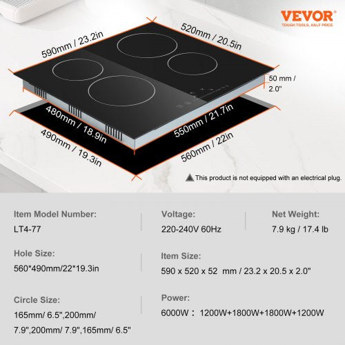 Built in Electric Stove Top 232 x 20.5 inch 4 Burners 240V Glass Radiant