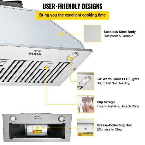 Insert Range Hood 800CFM 3Speed 30 Inch Stainless Steel Builtin Kitchen