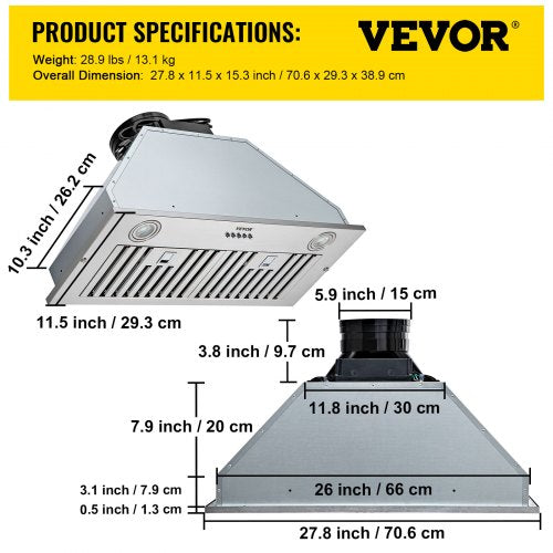 Insert Range Hood 800CFM 3Speed 30 Inch Stainless Steel Builtin Kitchen