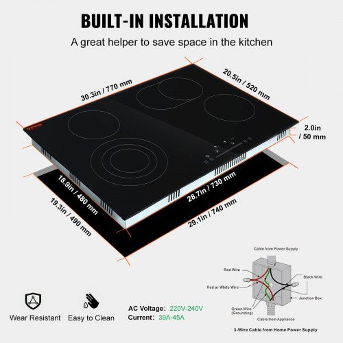 Built in Electric Stove Top 303 x 20.5 inch 4 Burners 240V Glass Radiant