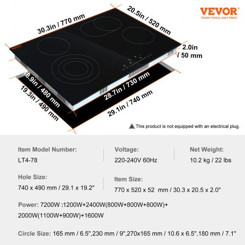 Built in Electric Stove Top 303 x 20.5 inch 4 Burners 240V Glass Radiant