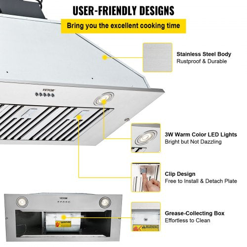 Insert Range Hood 800CFM 3Speed 36 Inch Stainless Steel Builtin Kitchen