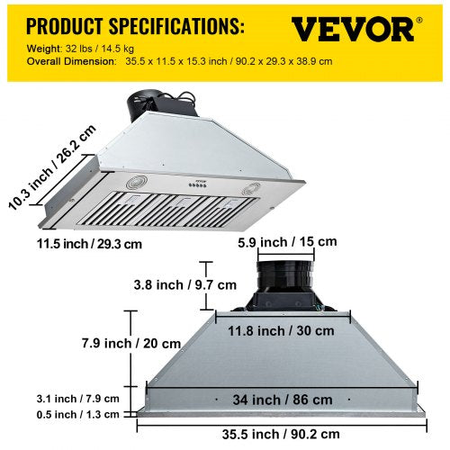Insert Range Hood 800CFM 3Speed 36 Inch Stainless Steel Builtin Kitchen