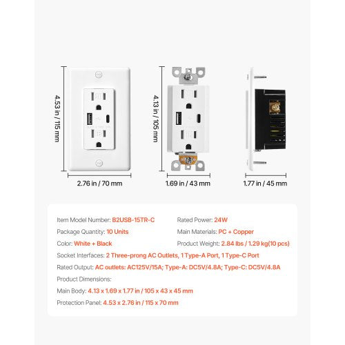 USB Wall Outlet 24 W 15A Tamper Resistant Electrical Outlet with 1 Type C