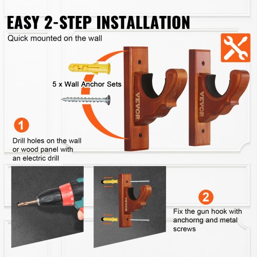 VEVOE Gun Rack Wall Mount Horizontal Gun Rack and Shotgun Hooks Single Gun