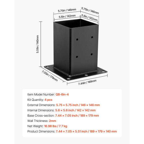 6x6 Post Base 4 Pcs Inner Size 56x5.6 inch 142x142 mm Post Brackets