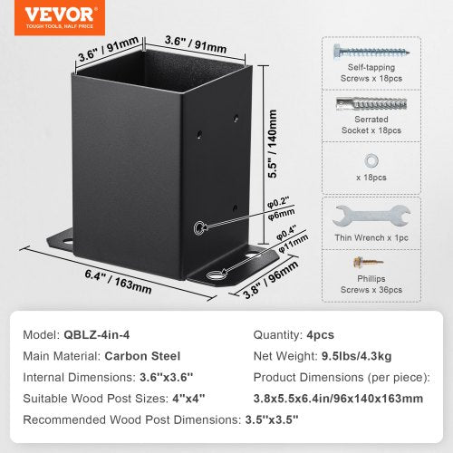 4 Pack 4x4 Post Base Brackets Heavy Duty Wood Post Fence Post Anchor – 4 INCH