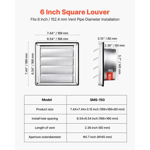 6 inch Wall Vent Cover Louvered Square AC Vent Gable Cover Premium