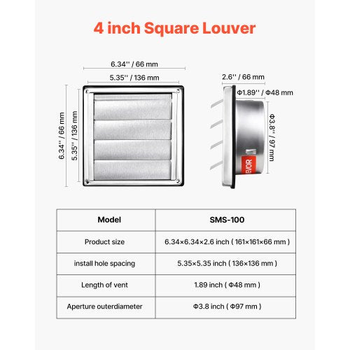 4 inch Wall Vent Cover Louvered Square AC Vent Gable Cover Premium