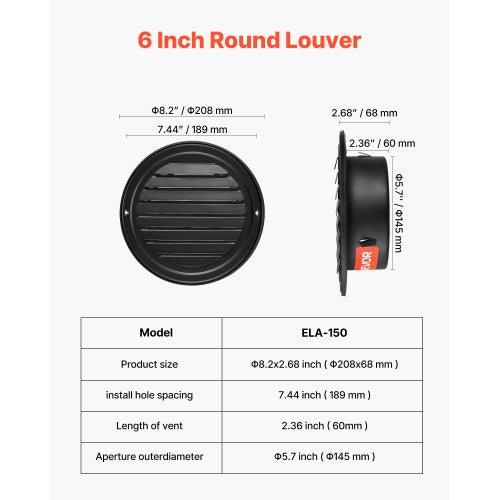 6 inch Wall Vent Cover Louvered Round AC Vent Gable Cover Premium
