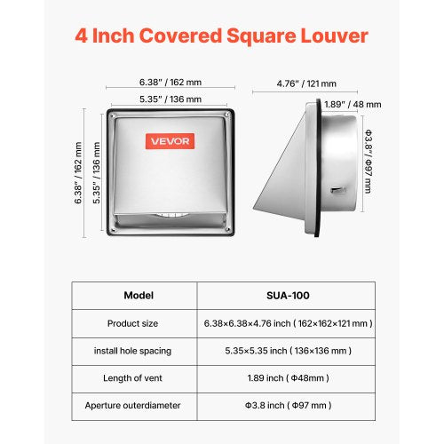 4 inch External Extractor Wall Vent Cover Square AC Vent Gable Cover