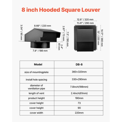 8 inch Hooded Wall Vent Cover Square AC Vent Gable Cover Premium SPCC