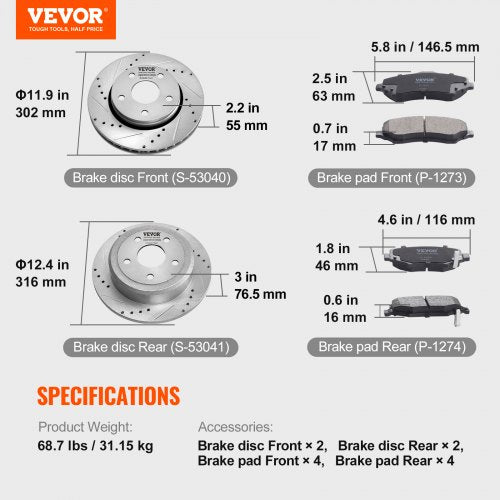 Front and Rear Brake Kit Compatible with 20072017 Jeep Wrangler Drilled