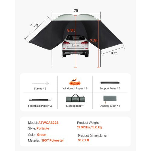 Vehicle Awning Large 10 x 7 Shade Coverage Car Side Awning PU2000mm