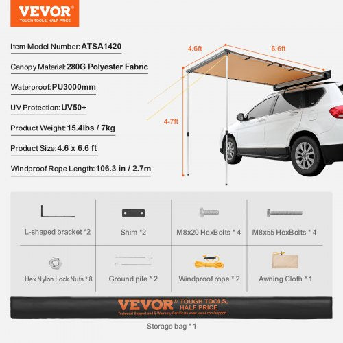 Car Side Awning Large 46x66 Shade Coverage Vehicle Awning PU3000mm