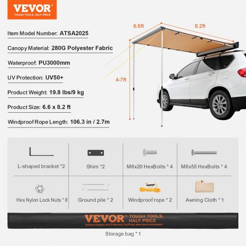 Car Side Awning Large 66 x 82 Shade Coverage Vehicle Awning PU3000mm