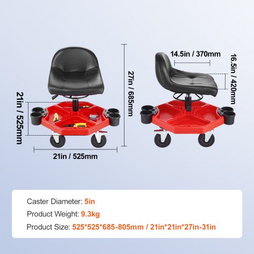 Rolling Garage Stool Adjustable Height 17 x 15 in Comfort CushionRound