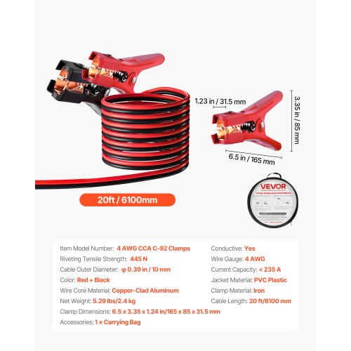 Jumper Cables for Car Battery 20 Feet 4 Gauge Heavy Duty Automotive