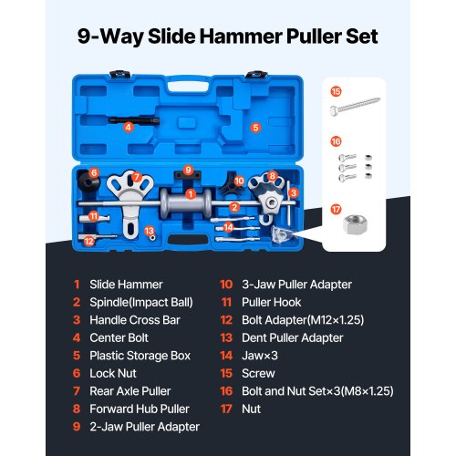 9Way Slide Hammer Puller Set 15PCS Front Wheel Hub Bearing Remover Rear