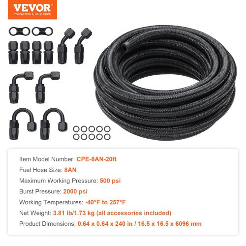8AN Fuel Line Kit 20 FT Fuel Hose Kit 043 Nylon Stainless Steel Braided