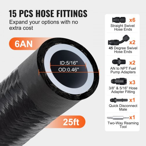 6AN Fuel Line Kit 25 FT Fuel Hose Kit 516 Nylon Stainless Steel Braided