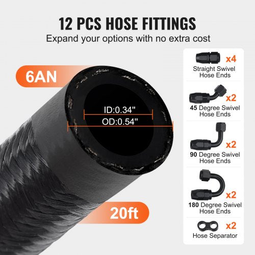 6AN Fuel Line Kit 20 FT Fuel Hose Kit 034 Nylon Stainless Steel Braided