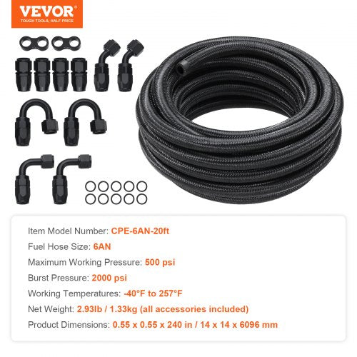 6AN Fuel Line Kit 20 FT Fuel Hose Kit 034 Nylon Stainless Steel Braided