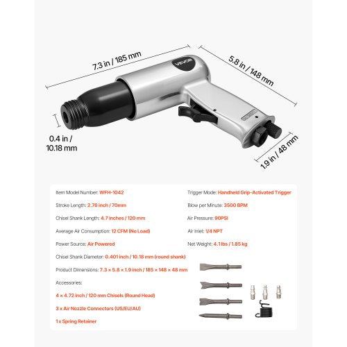 Air Hammer 3500BPM Pneumatic Hammer with 2.76 inch Stroke 4PCS Chisels