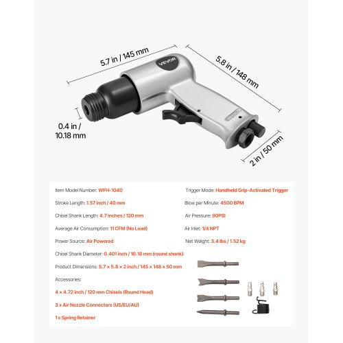 Air Hammer 4500BPM Pneumatic Hammer with 1.57inch Stroke 4PCS Chisels