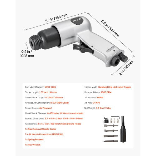 Air Hammer 4500BPM Pneumatic Hammer with Rust Removal Air Needle Scaler