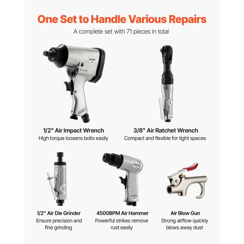 71 Pieces Pro Air Tool and Accessories Kit  12 Air Impact Wrench 38