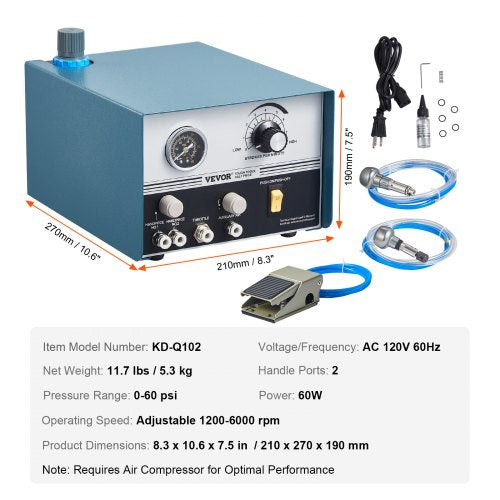 Pneumatic Jewelry Engraver 12006000 RPM Adjustable 60W Dual Head