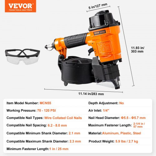Coil Siding Nailer MCN55 1 inch to 214 inch 15 Degree Pneumatic Siding
