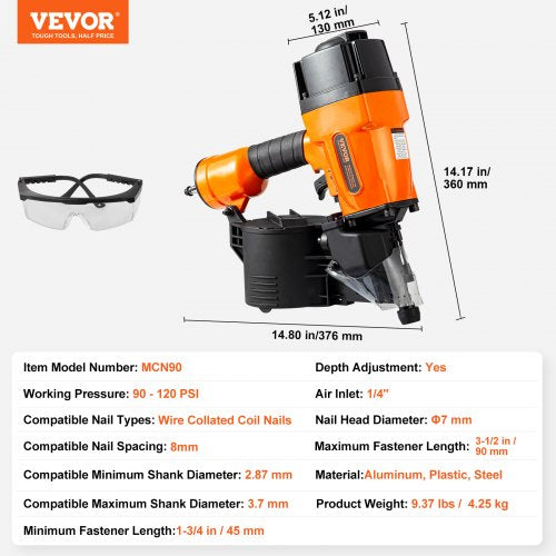 Coil Framing Nailer MCN90 134 to 312 15 Degree Pneumatic Framing Nail