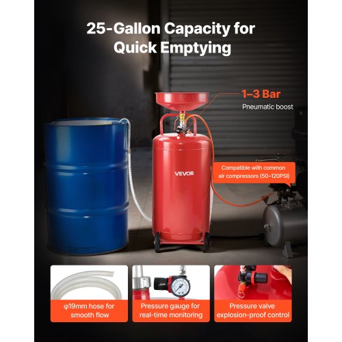 25 Gallon Waste Oil Drain Tank Air Operated Portable Oil Drainer