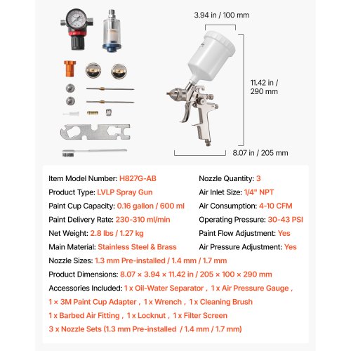 LVLP Air Spray Gun Gravity Feed Paint Sprayer Gun with 3 Nozzles