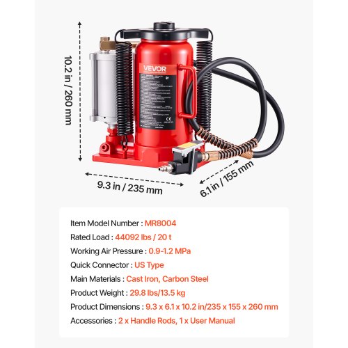 Air Hydraulic Bottle Jack 20 Ton 44092 lbs Capacity 102195 Inch 1
