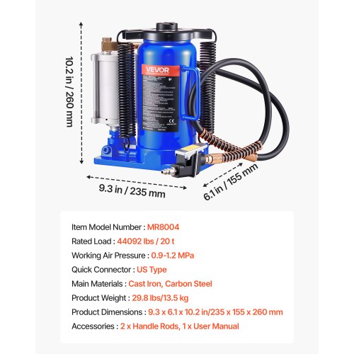 Air Hydraulic Bottle Jack 20 Ton 44092 lbs Capacity 102195 Inch 2