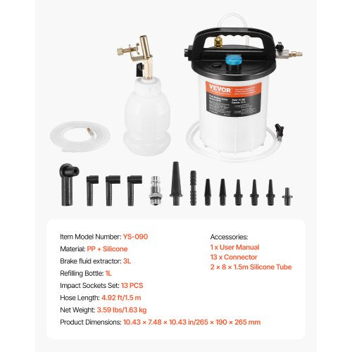 Brake Bleeder Kit 3L Brake Fluid Extractor with 1L Siphon Refilling Bottle