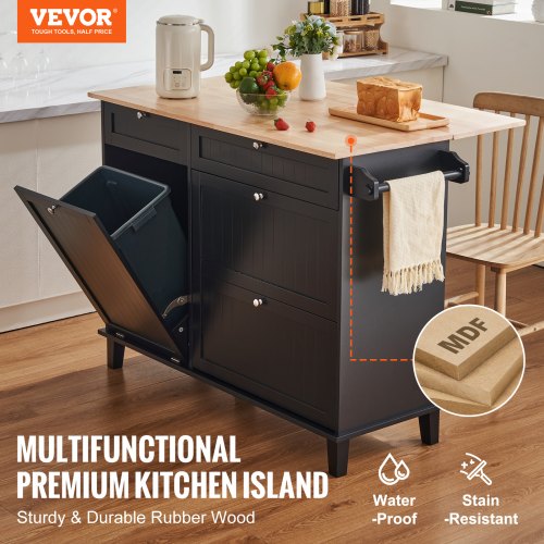 Kitchen Island Cart 50 Wood Top Breakfast Bar with Trash Cabinet Tilt Out
