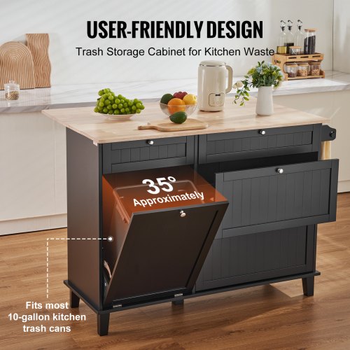 Kitchen Island Cart 50 Wood Top Breakfast Bar with Trash Cabinet Tilt Out